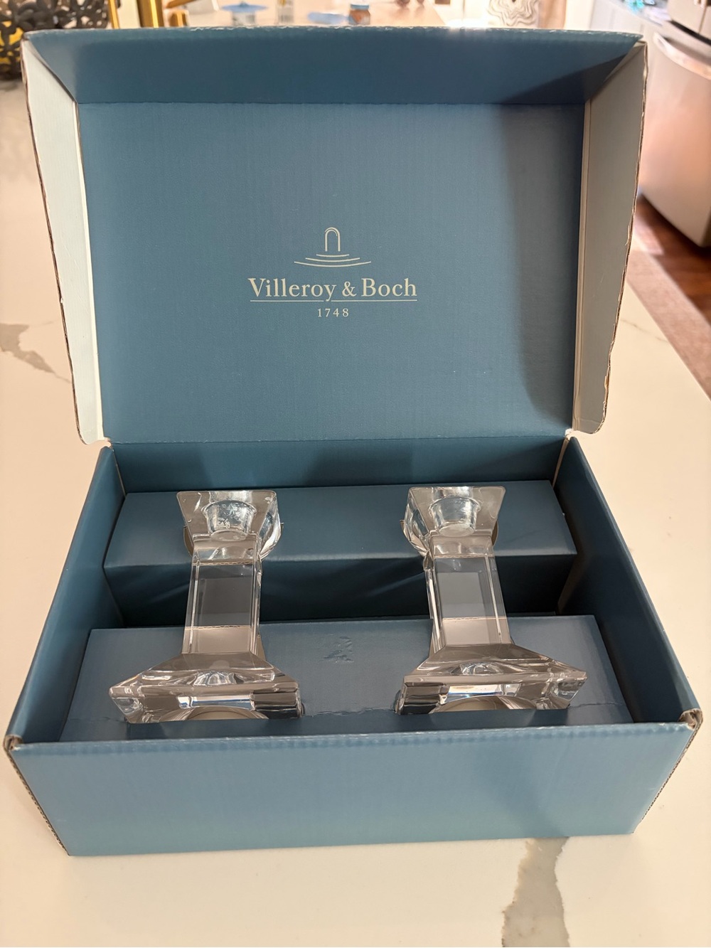 Villeroy & Boch Clear Crystal Candlesticks in Blue Box